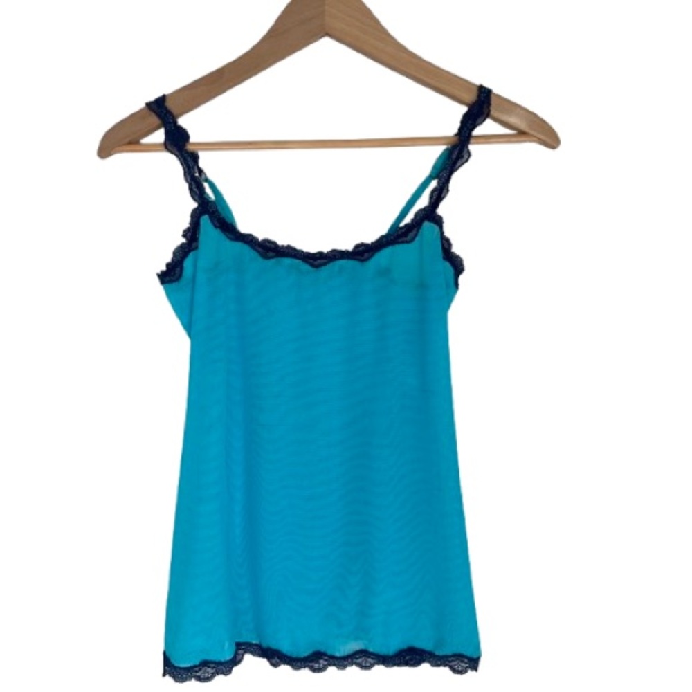 Y2K Turquoise Sheer Mesh Womens Lace Trim Camisole Tank Top Adjust Straps Size S